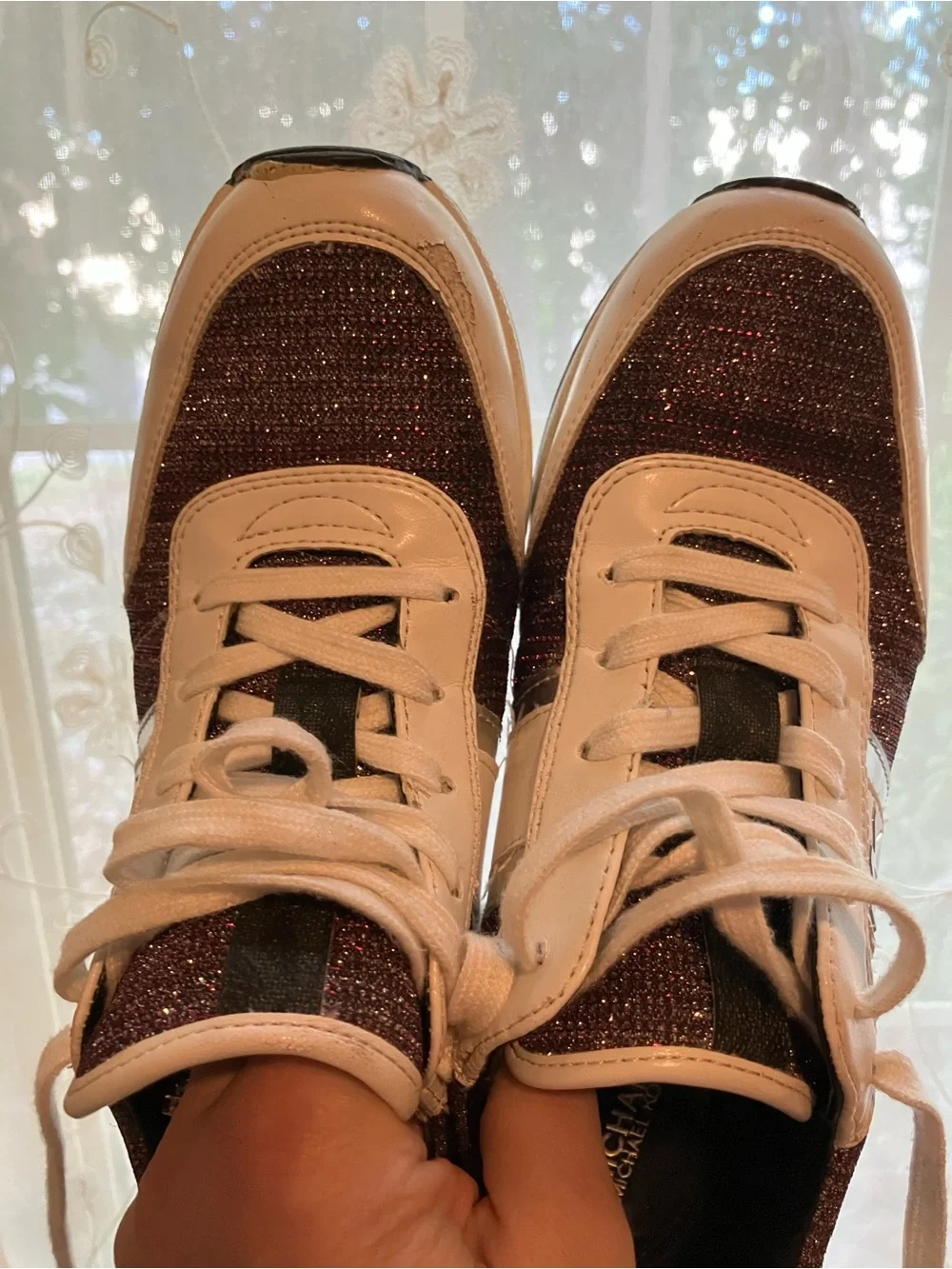 Michael Kors Burgundy Glitter Lace-Up Sneakers with White Trim